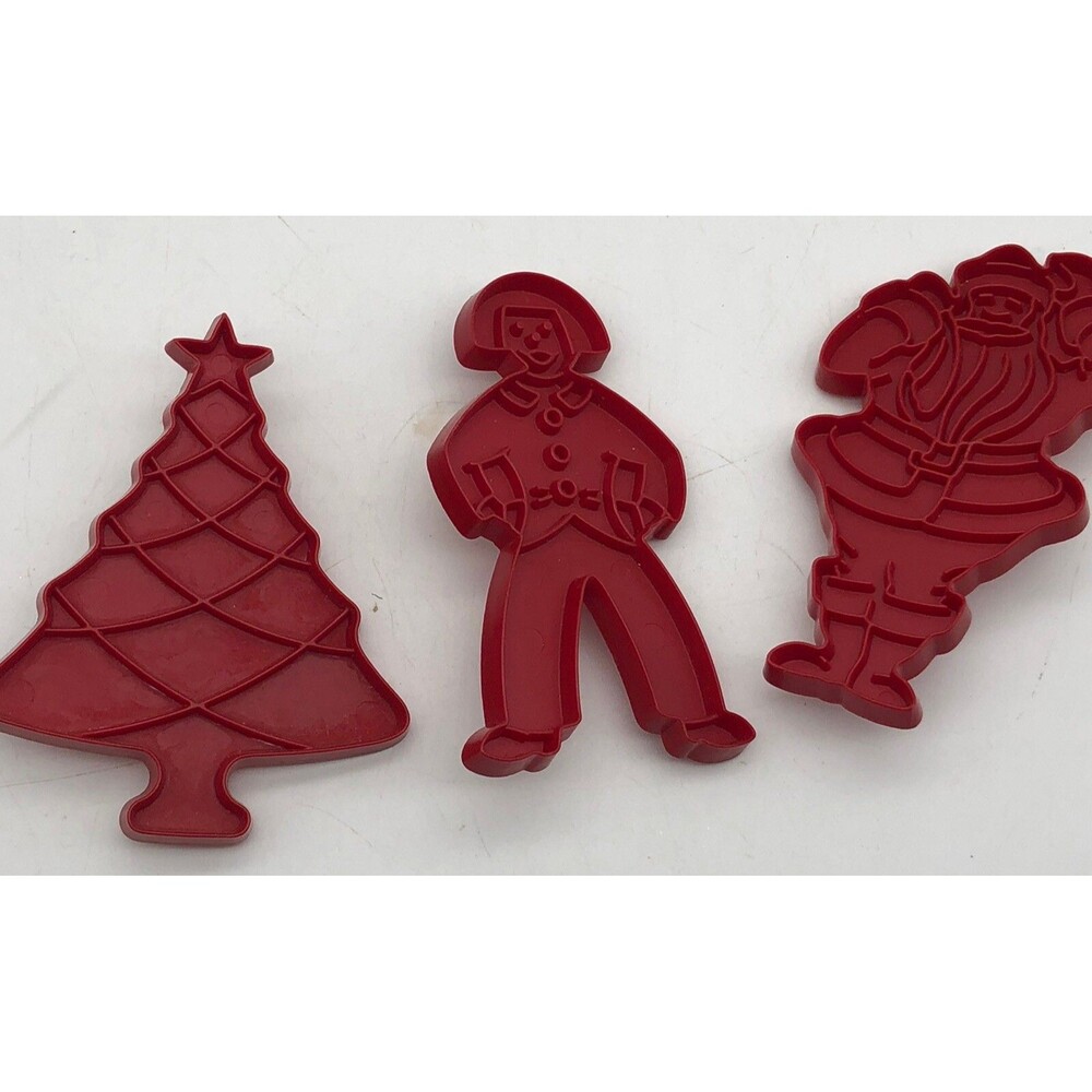 Lot Of 3 Vintage Tupperware Red Plastic Holiday Cookie Cutters Santa Tree